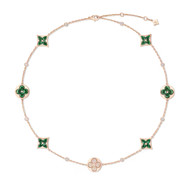 Color Blossom BB Multi-Motif Short Necklace, Pink Gold, Malachite and Diamonds