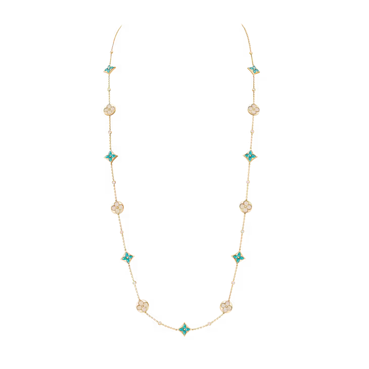 Color Blossom BB Star and Sun Multi-Motif Long Necklace, Yellow Gold, Amazonite and Diamonds