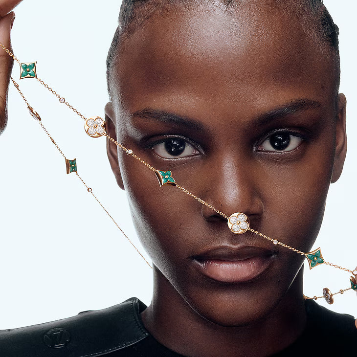 Color Blossom BB Star and Sun Multi-Motif Long Necklace, Yellow Gold, Amazonite and Diamonds
