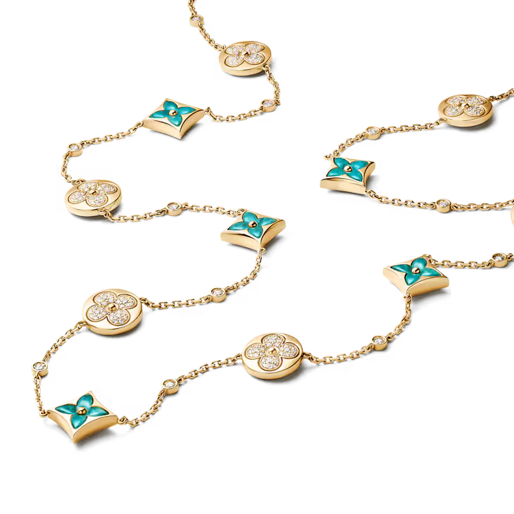 Color Blossom BB Star and Sun Multi-Motif Long Necklace, Yellow Gold, Amazonite and Diamonds