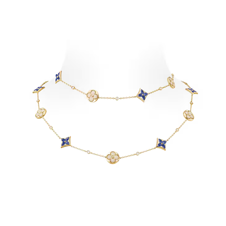 Color Blossom BB Star and Sun Multi-Motif Long Necklace, Yellow Gold, Sodalite and Diamonds