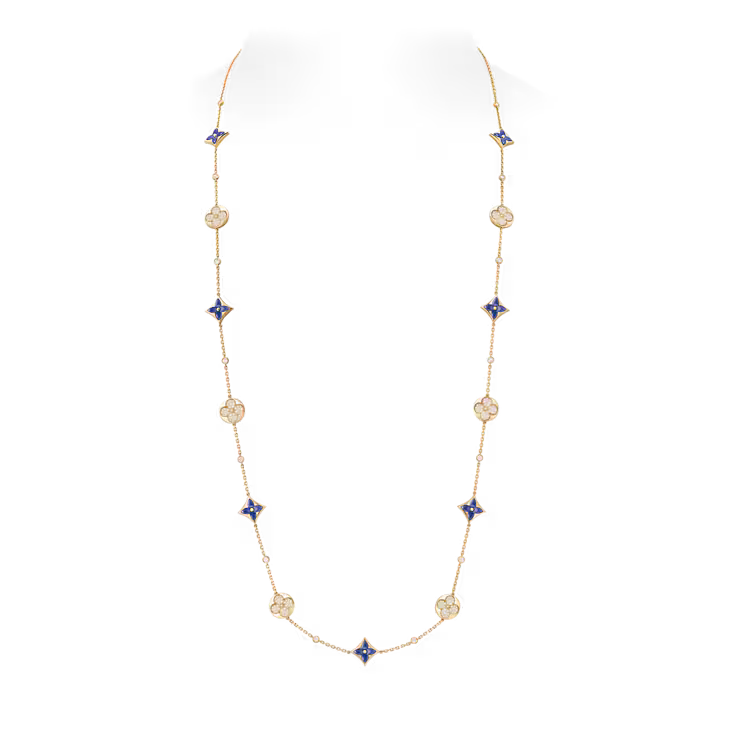 Color Blossom BB Star and Sun Multi-Motif Long Necklace, Yellow Gold, Sodalite and Diamonds