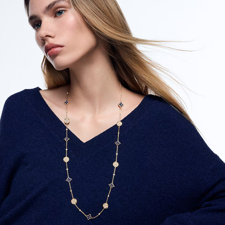 Color Blossom BB Star and Sun Multi-Motif Long Necklace, Yellow Gold, Sodalite and Diamonds