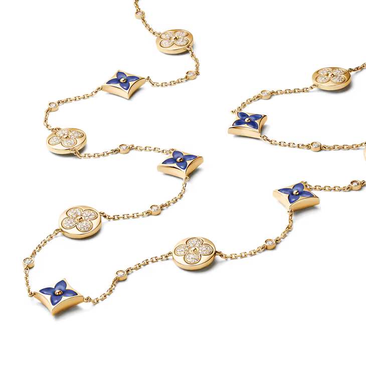 Color Blossom BB Star and Sun Multi-Motif Long Necklace, Yellow Gold, Sodalite and Diamonds