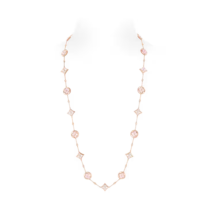 Color Blossom M Multi-Motif Long Necklace, Pink Gold, White and Pink Mother-of-Pearl and Diamonds