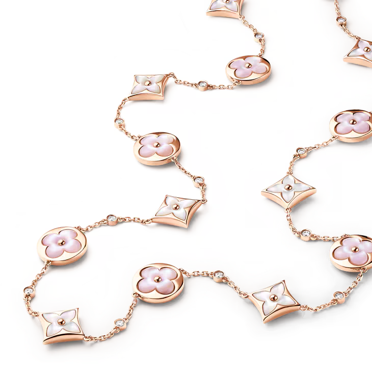 Color Blossom M Multi-Motif Long Necklace, Pink Gold, White and Pink Mother-of-Pearl and Diamonds